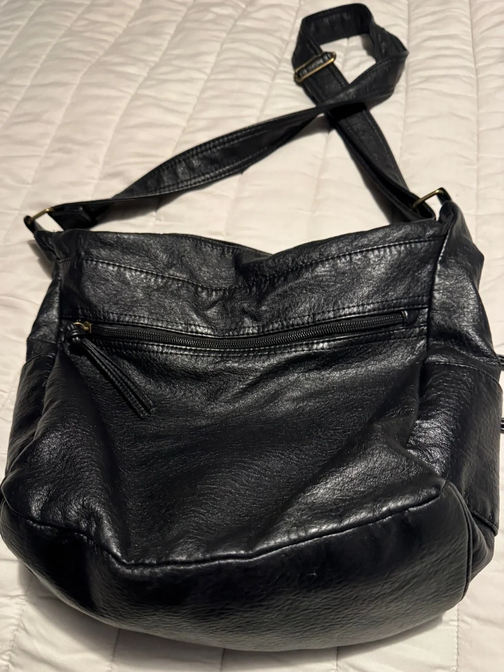 Black Leather Crossbody Bag with Front Zip Pockets